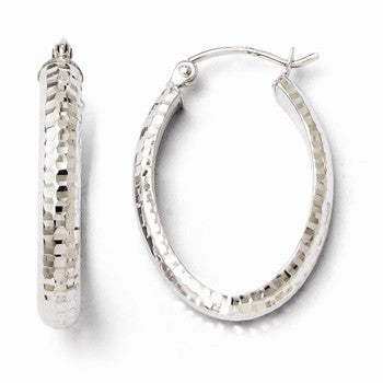 10k White Gold Diamond-cut Oval Hinged Hoop Earrings