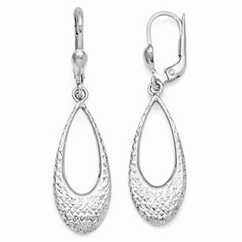 10k White Gold Polished Diamond-cut Leverback Earrings