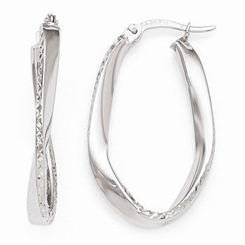 10k White Gold Polished Diamond-cut Oval Hoop Earrings