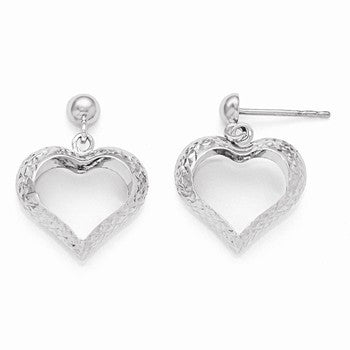 10k White Gold Diamond-cut Heart Post Dangle Earrings