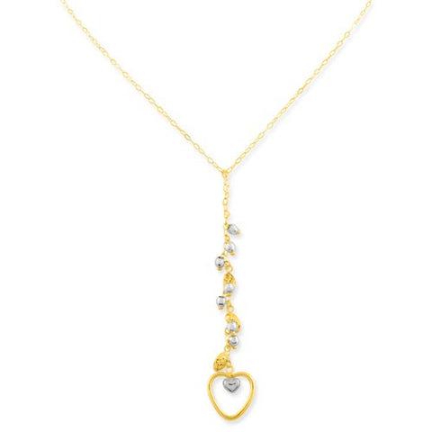10K Two-Tone Neck Bead + Open Double Heart Drop- Adjustable, 18 inch, Chains and Necklace