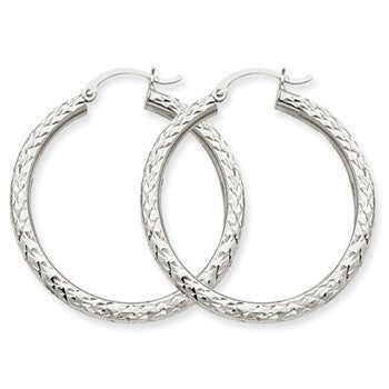 10k White Gold Diamond-cut 3mm Round Hoop Earrings