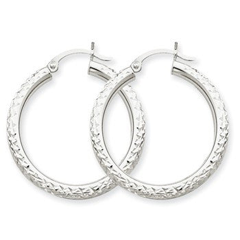 10k White Gold Diamond-cut 3mm Round Hoop Earrings