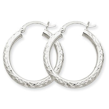 10k White Gold Diamond-cut 3mm Round Hoop Earrings