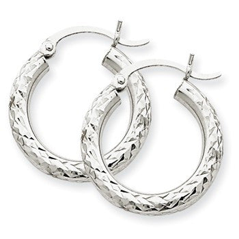 10k White Gold Diamond-cut 3mm Round Hoop Earrings