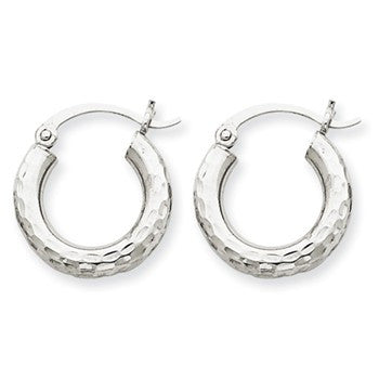 10k White Gold Diamond-cut 3mm Round Hoop Earrings