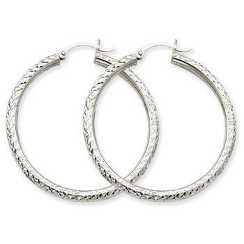 10k White Gold Diamond-cut 3mm Round Hoop Earrings