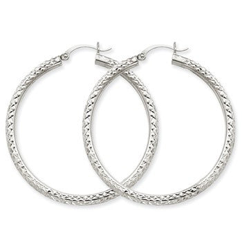 10k White Gold Diamond-cut 3mm Round Hoop Earrings