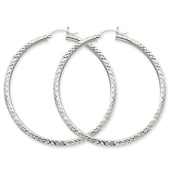 10k White Gold Diamond-cut 3mm Round Hoop Earrings