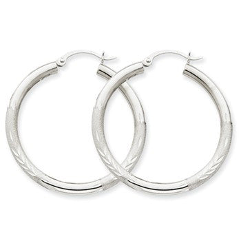 10k White Gold Satin Diamond-cut 3mm Round Hoop Earrings