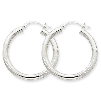 10k White Gold Satin Diamond-cut 3mm Round Hoop Earrings