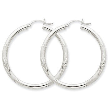 10k White Gold Satin Diamond-cut 3mm Round Hoop Earrings