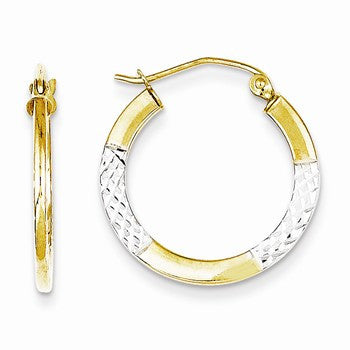 10K Yellow Gold with Rhodium Diamond-cut 2.5x20mm Hoop Earrings