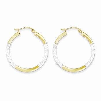 10K Yellow Gold with Rhodium Diamond-cut 2.5x20mm Hoop Earrings