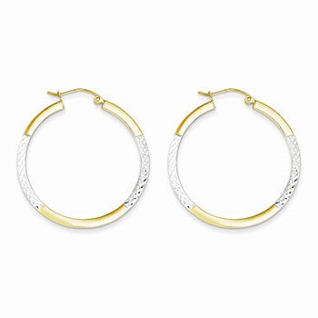 10K Yellow Gold with Rhodium Diamond-cut 2.5x20mm Hoop Earrings