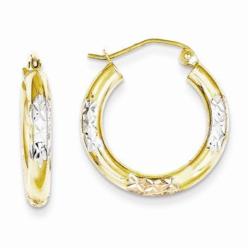 10K Gold with White & Rose Rhodium Diamond-cut 3x20mm Hoop Earrings