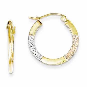 10K Gold with White & Rose Rhodium Diamond-cut 2.5x20mm Hoop Earrings
