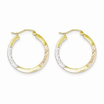 10K Gold with White & Rose Rhodium Diamond-cut 2.5x25mm Hoop Earrings