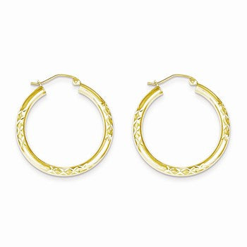 10k Yellow Gold Diamond-cut 3x30mm Hollow Tube Hoop Earrings