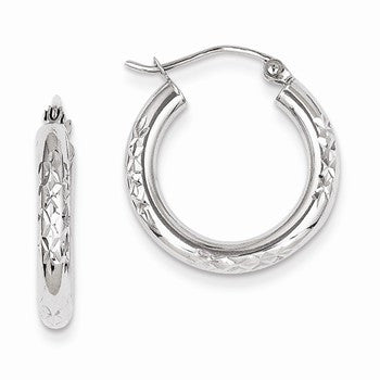 10K White Gold Diamond-cut 3mm Hoop Earrings