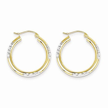 10K Yellow Gold Rhodium Plated Diamond-cut 3mm Hoop Earrings