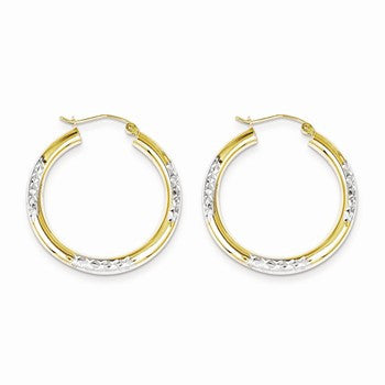 10K Yellow Gold Rhodium Plated Diamond-cut 3mm Hoop Earrings