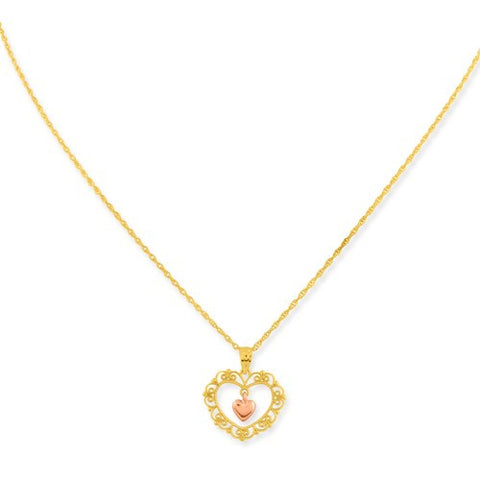 10K Two-Tone Rose Filigree Heart Pendant Gold Filled R Pendant, 18 inch, Chains and Necklace
