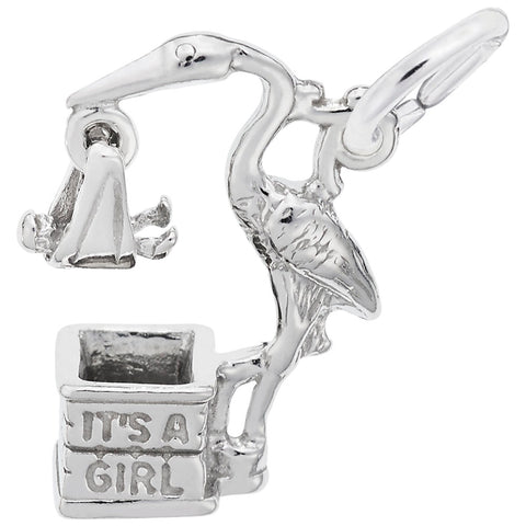 Stork,Girl Charm In 14K White Gold