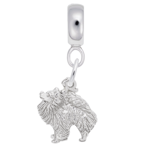 Pomeranian Dog Charm Dangle Bead In Sterling Silver