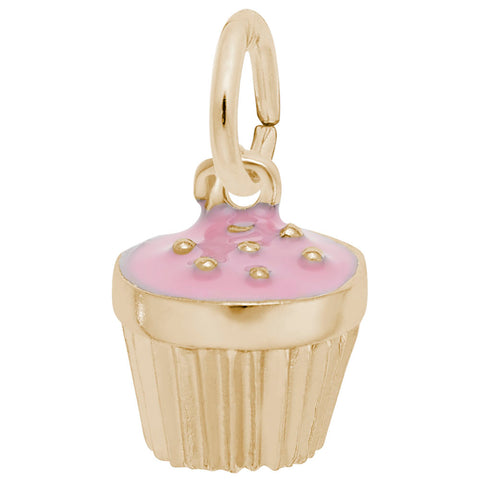 Pink Cupcake Charm In Yellow Gold