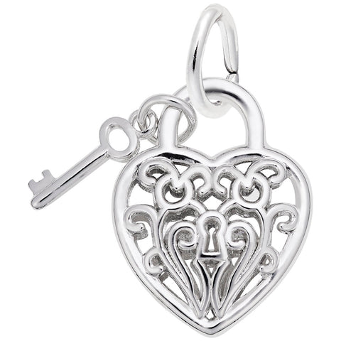 Heart W/ Key 3D Charm In 14K White Gold