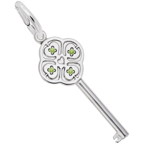 Large Key With August Birthstones Charm In 14K White Gold