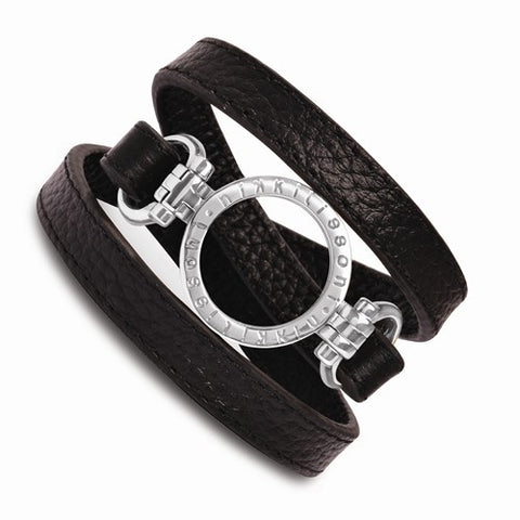 Black Leather Small Silver Coin Holder Long Wrap Bracele Bracelet