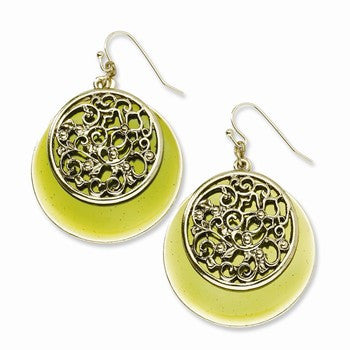 Brass-tone Filigree Green Enamel Circle Dangle Earrings