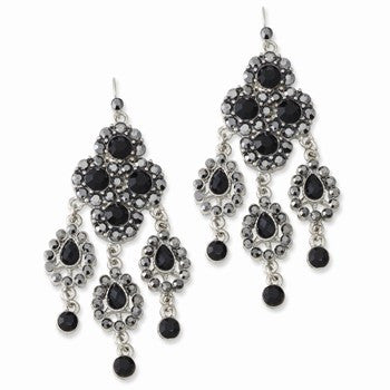 Silver-tone Black Glass Stones Ch&elier Earrings