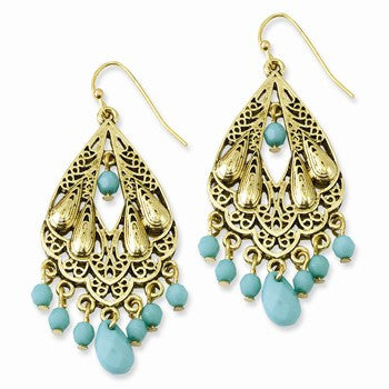 Gold-tone Teal Acrylic Beads Dangle Earrings