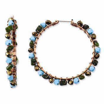 Copper-tone Green, Teal Brown Acrylic Beads Hoop Earrings