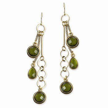 Brass-tone Green Crystal Dangle Earrings