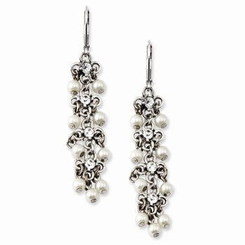 Silver-tone Simulated Pearls Crystal Leverback Dangle Earrings