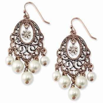 Rose-tone Silver-tone Glass Beads Crystal Ch&elier Earrings