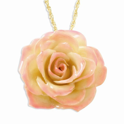 Lacquer Dipped Cream & Pink Rose Pendant Gold-Plated Chain Pendant, 20 inch x 1.4mm, Necklace