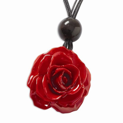 Lacquer Dipped Red Rose Choker Black Cotton Cord Necklace