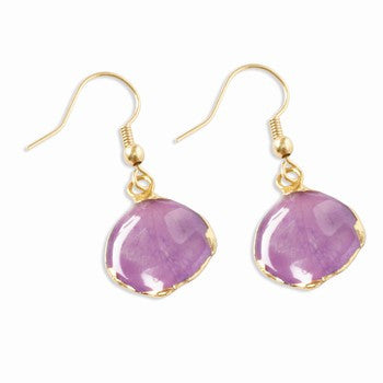 Lacquer Dipped 24k Gold Trim Lavender Rose Petal Dangle Earrings