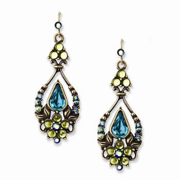 Brass-tone Olive Teal Acrylic Beads Teardrop Dangle Earrings