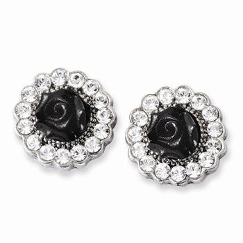 Silver-tone Black Flowers Clear Crystal Post Earrings