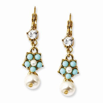 Gold-tone Glass Pearls Teal Beads Crystal Leverback Earrings