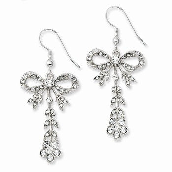 Silver-tone Bow w/Dangle Clear Crystals Dangle Earrings