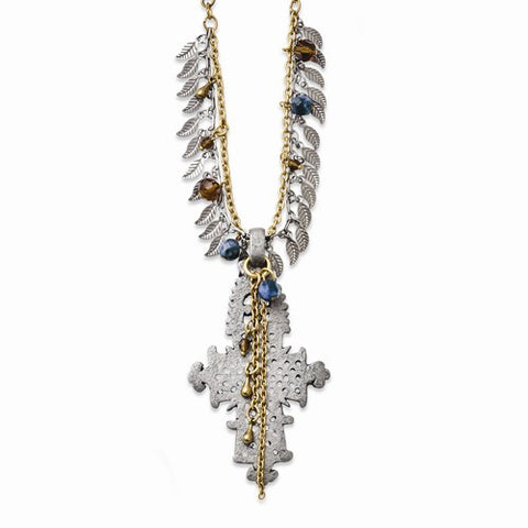 TRU Pewter & Brass-tone Blue & Brown Crystal Necklace