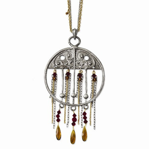 TRU Pewter & Brass Tone w/Red & Brown Crystals Necklace