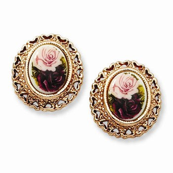 Rose-tone Rose Flower Decal Button Post Earrings